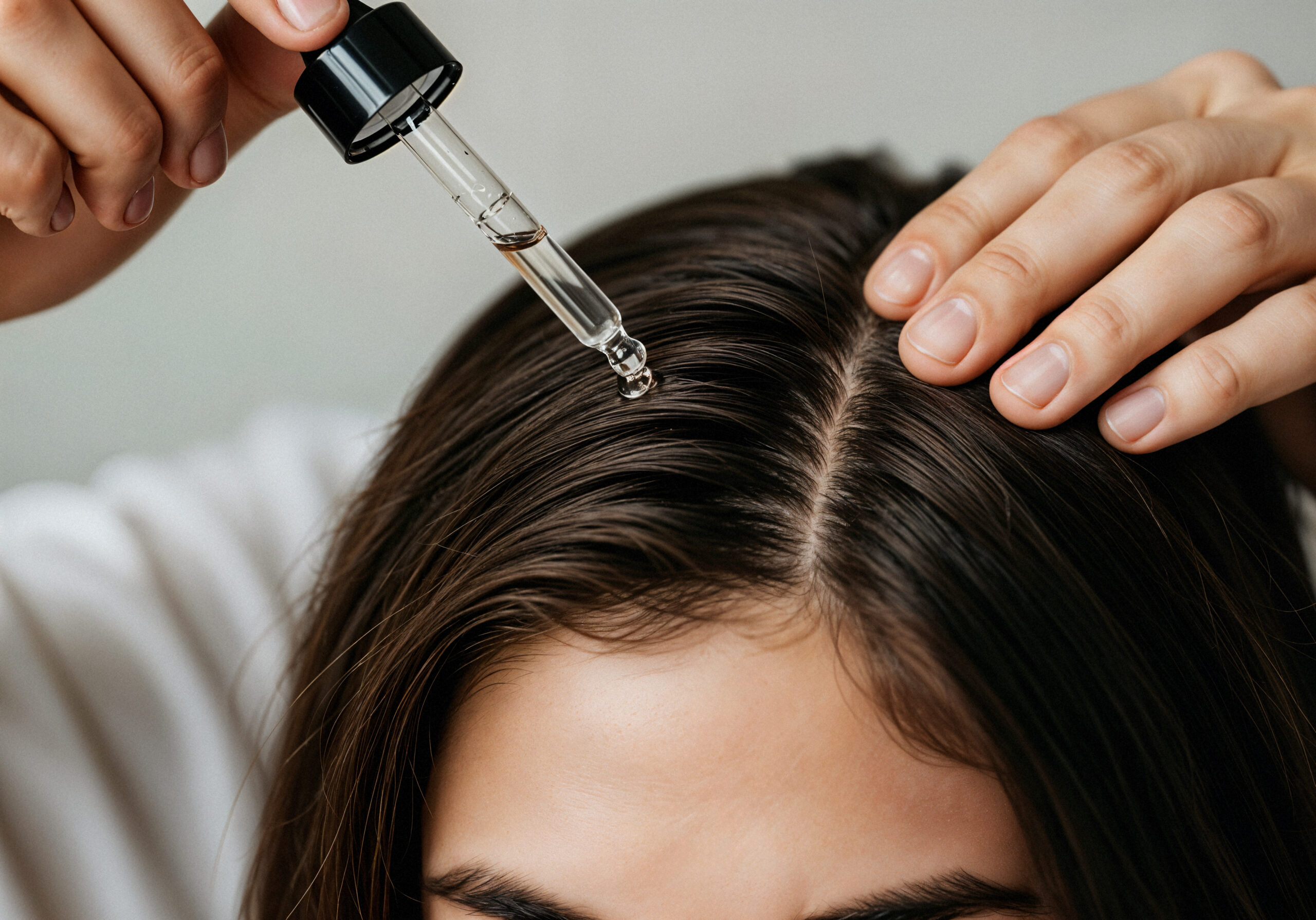 applying hair serum with dropper