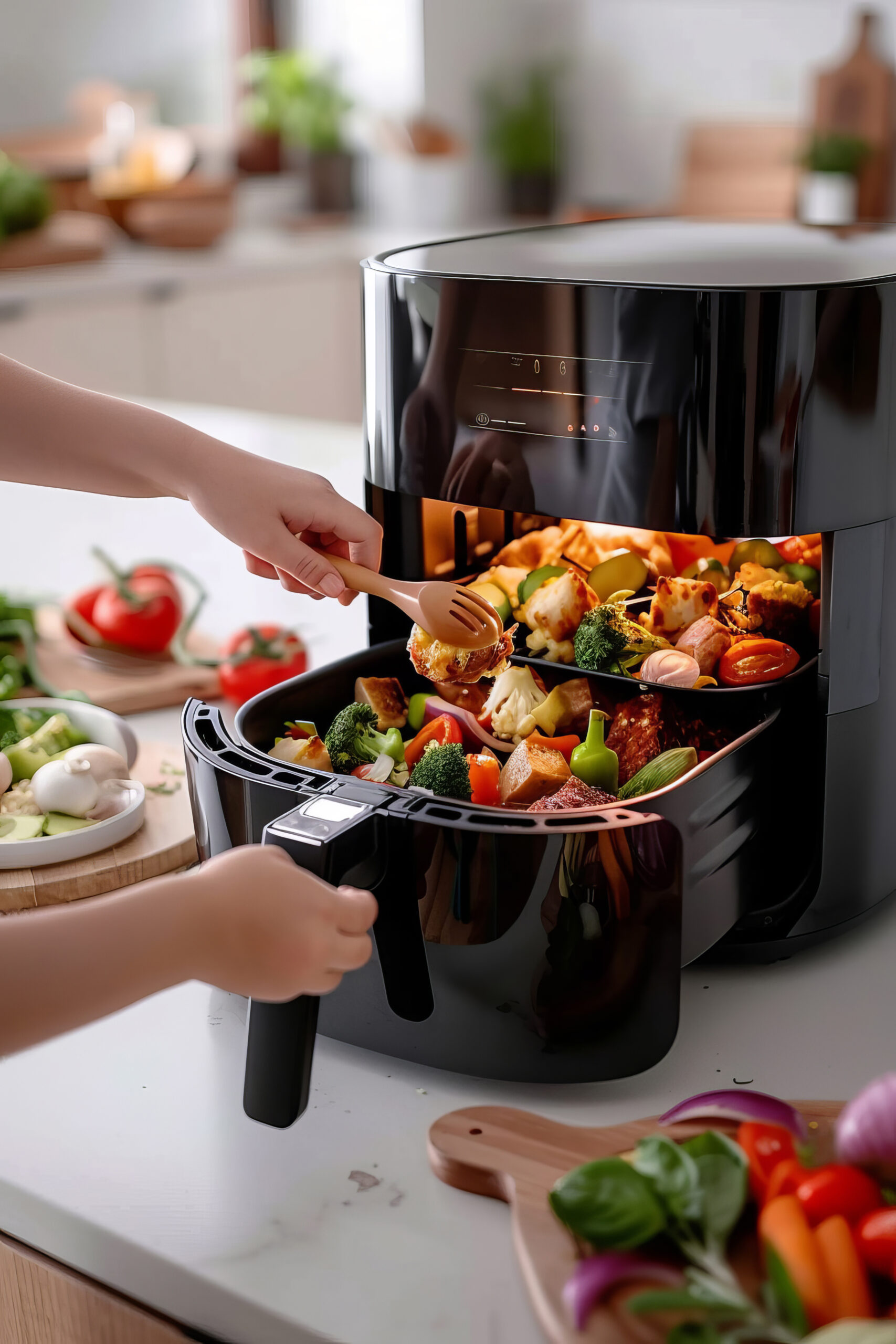 view modern air fryer with food